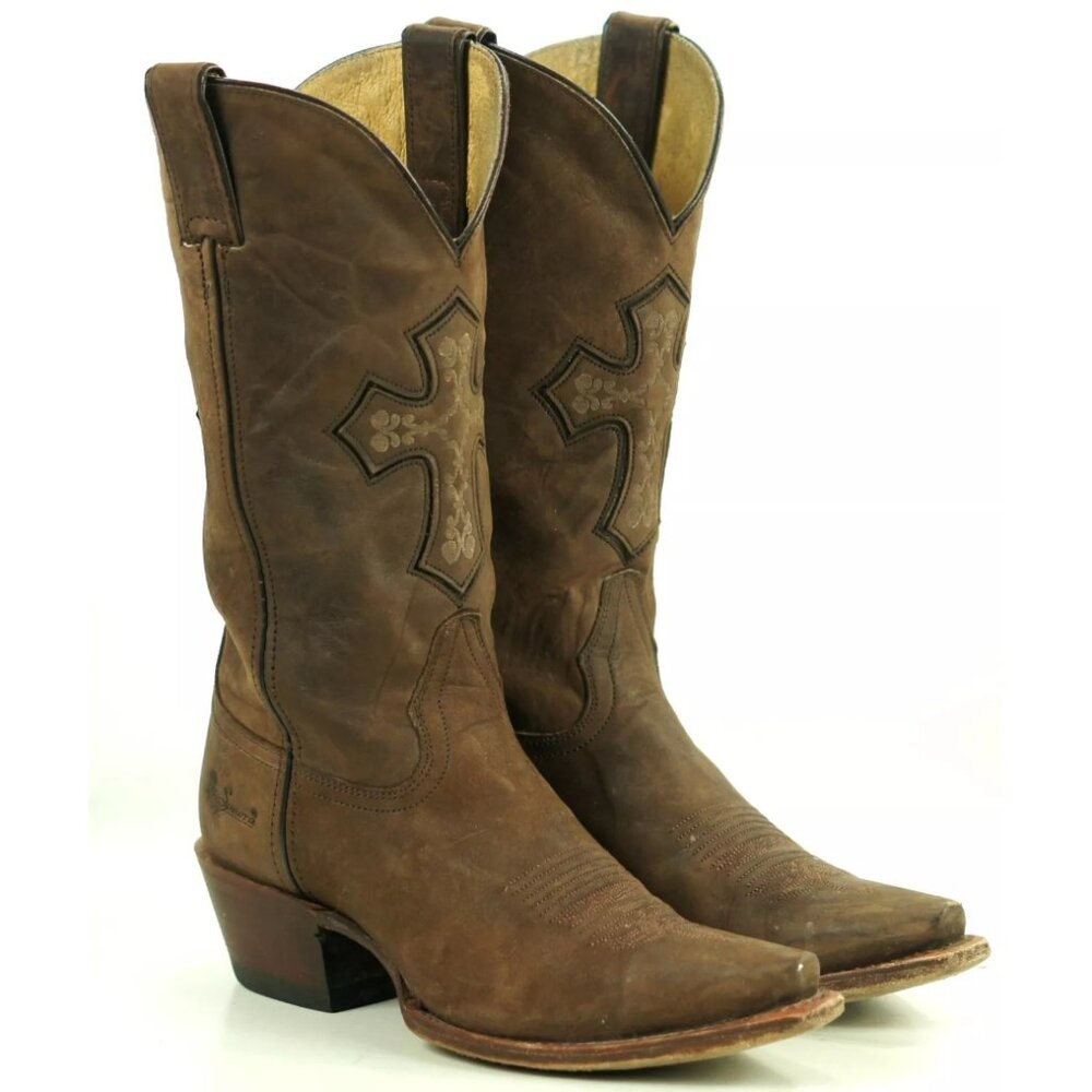 Sonora Distressed Dark Brown Suede Cowboy Boho Boots Inlay Crosses Women's 6 C